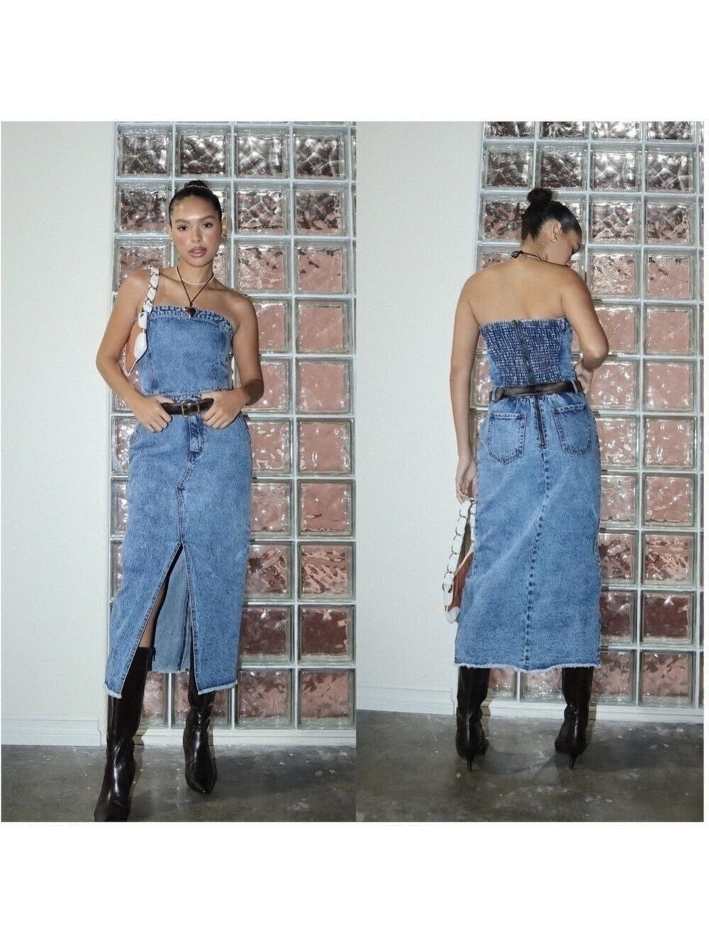 Bailey Rose Denim Tube Top Maxi Dress with Front Slit